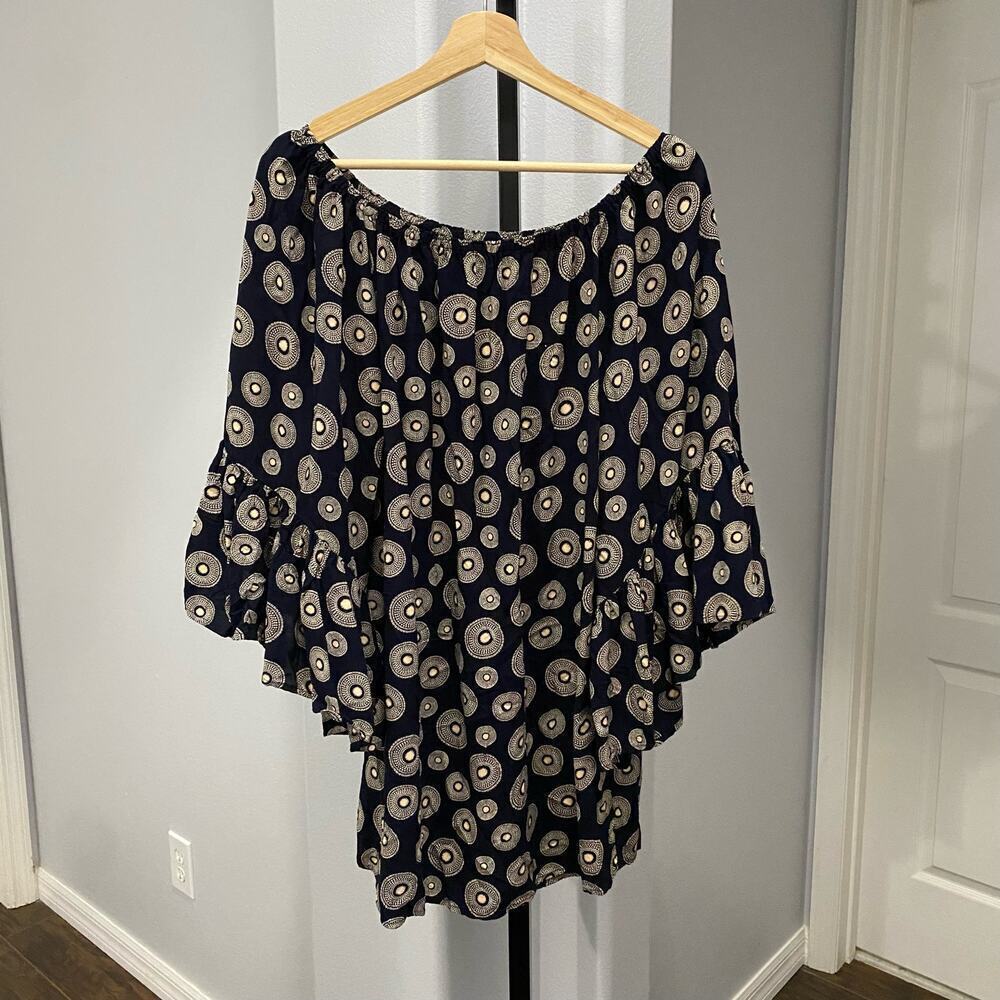 Veronica M. Boho Print Sun Blue Flare Sleeve Women's Dress Size Large Lagenlook